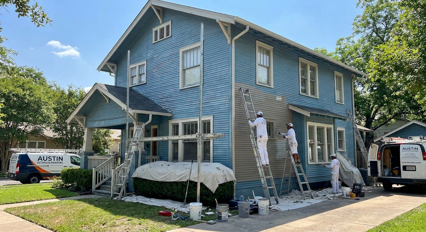 Exterior painting professionals restoring faded siding on a home in Austin