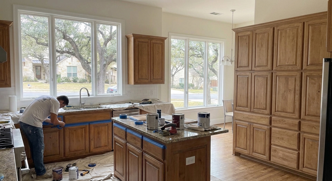 Professional painting transforms Austin kitchen cabinets for a modern, refreshed look