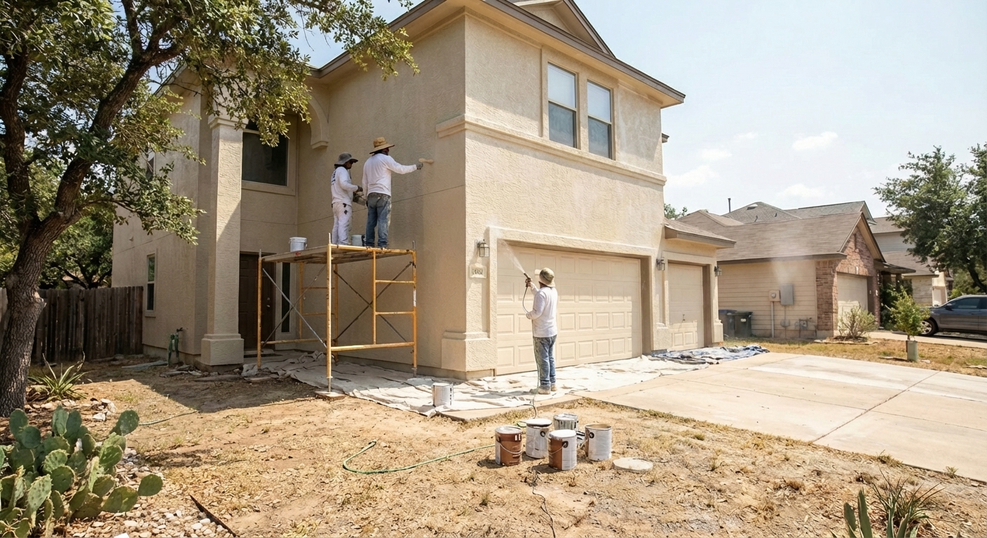 Stucco home exterior painting in Austin during hot weather