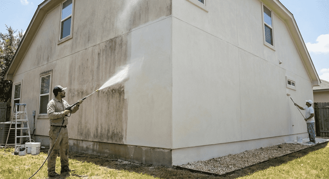 Pressure washing removes dirt, mold, and old paint before painting your Austin home