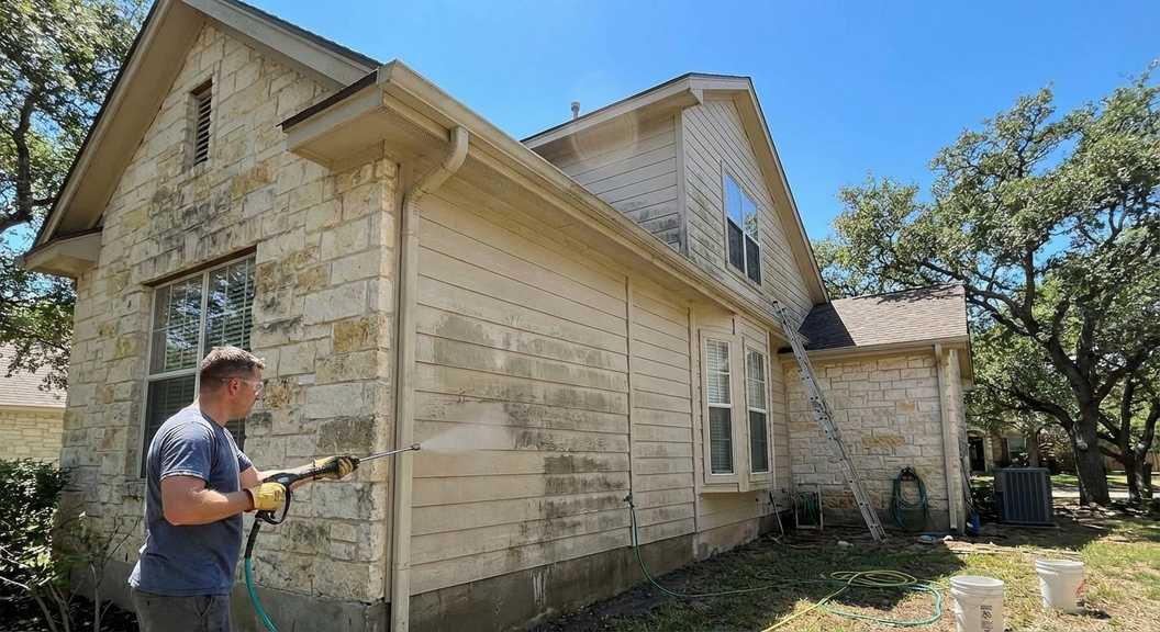 Pressure washing home exterior before painting in Austin